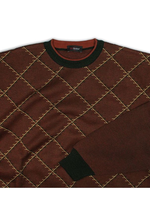 Max Sheldon - Sweter Brązowy, w Kratkę Okrągły Dekolt (U-neck), Męski - MAX SHELDON. Kolor: brązowy, beżowy, wielokolorowy. Materiał: bawełna, akryl. Wzór: kratka. Sezon: jesień, zima. Styl: klasyczny