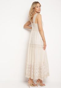 Born2be - Beżowa Koronkowa Sukienka na Szerokich Ramiączkach z Falbanką Disella. Okazja: na spacer. Kolor: beżowy. Materiał: koronka. Długość rękawa: na ramiączkach. Styl: elegancki #2