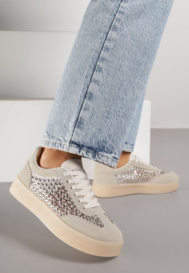 Renee - Beżowe Sneakersy na Platformie z Cyrkoniami Moonblaze. Kolor: beżowy. Materiał: jeans. Obcas: na platformie