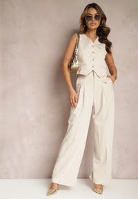 Renee - Beżowe Eleganckie Spodnie Garniturowe z Wysokim Stanem Lainiva. Okazja: na imprezę. Stan: podwyższony. Kolor: beżowy. Styl: elegancki