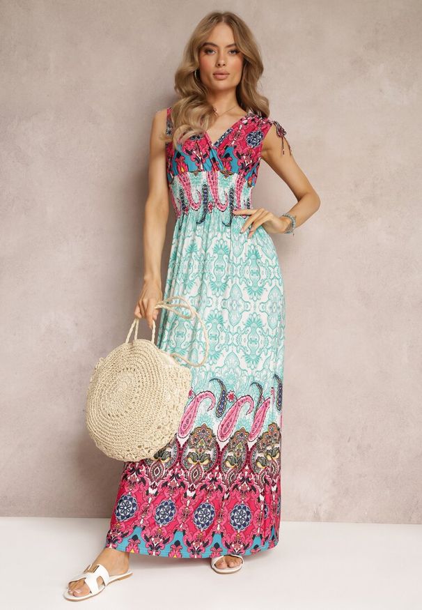 Renee - Miętowo-Fuksjowa Sukienka Maxi w Stylu Boho z Gumką w Pasie Bernette. Kolor: miętowy. Styl: boho. Długość: maxi