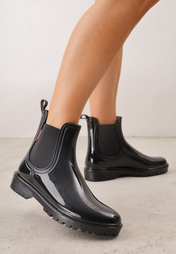 Born2be - Czarne Kalosze Typu Sztyblety z Elastyczną Wstawką Iomenia. Okazja: na co dzień. Kolor: czarny. Materiał: jeans, dzianina. Wzór: gładki. Styl: casual, klasyczny