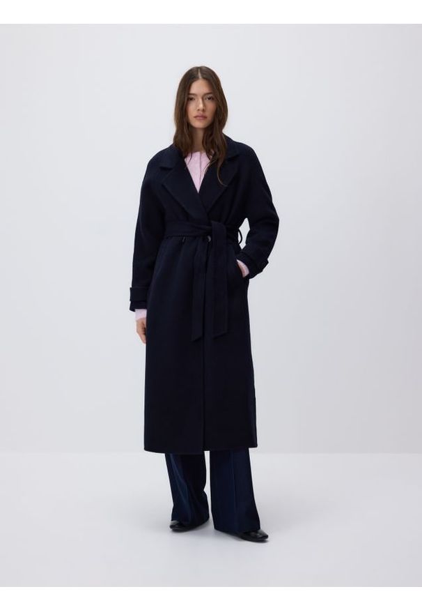 Reserved - Płaszcz z wełną - granatowy. Kolor: niebieski. Materiał: wełna