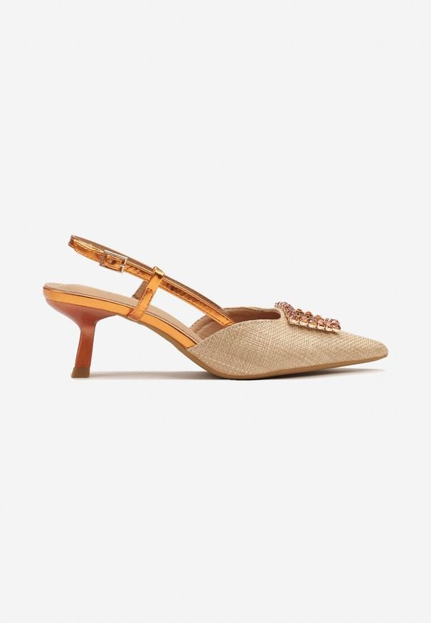 Renee - Pomarańczowe Sandały Slingback na Kaczuszce z Tweedowymi Wstawkami i Cyrkoniami Nalivna. Okazja: na spotkanie biznesowe, na co dzień. Kolor: pomarańczowy. Obcas: na szpilce. Styl: elegancki, biznesowy, casual. Wysokość obcasa: niski