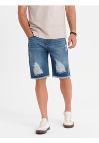 Ombre Clothing - Męskie krótkie spodenki jeansowe z przetarciami i dziurami – niebieskie V3 - Rozmiar: M. Okazja: na co dzień. Kolor: niebieski. Materiał: jeans. Długość: krótkie. Wzór: aplikacja. Sezon: lato. Styl: klasyczny, casual