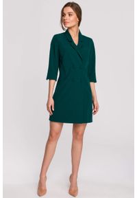 Stylove - Elegancka sukienka marynarkowa z paskiem zielona. Okazja: na co dzień. Kolor: czarny, niebieski, zielony. Materiał: elastan, poliester, wiskoza. Typ sukienki: proste. Styl: elegancki, klasyczny
