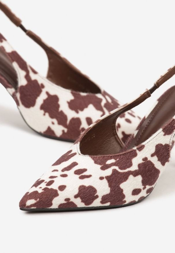 Renee - Brązowe Czółenka Sandały Slingback Vices w Krowie Łaty na Obcasie Typu Szpilka Tilionea. Kolor: brązowy. Materiał: jeans. Obcas: na obcasie. Styl: elegancki. Wysokość obcasa: średni