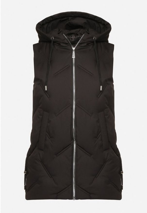 Born2be - Czarna Przejściowa Kamizelka z Pikowanymi Przeszyciami i Kapturem Fesolira. Okazja: na co dzień. Kolekcja: plus size. Kolor: czarny. Materiał: jeans. Styl: sportowy, casual