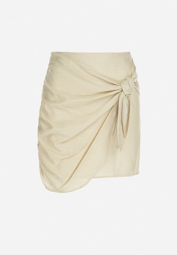 Born2be - Jasnobeżowy 2-częściowy Komplet z Bluzką i Spódnicą Zdobionych Wiązaniem Elistra. Kolor: beżowy. Materiał: jeans. Wzór: aplikacja