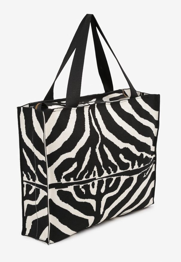 Renee - Czarno-Biała Torebka Typu Shopper w Zebrę o Prostokątnym Kształcie Salisenna. Kolor: czarny. Wzór: motyw zwierzęcy. Styl: klasyczny, elegancki, casual