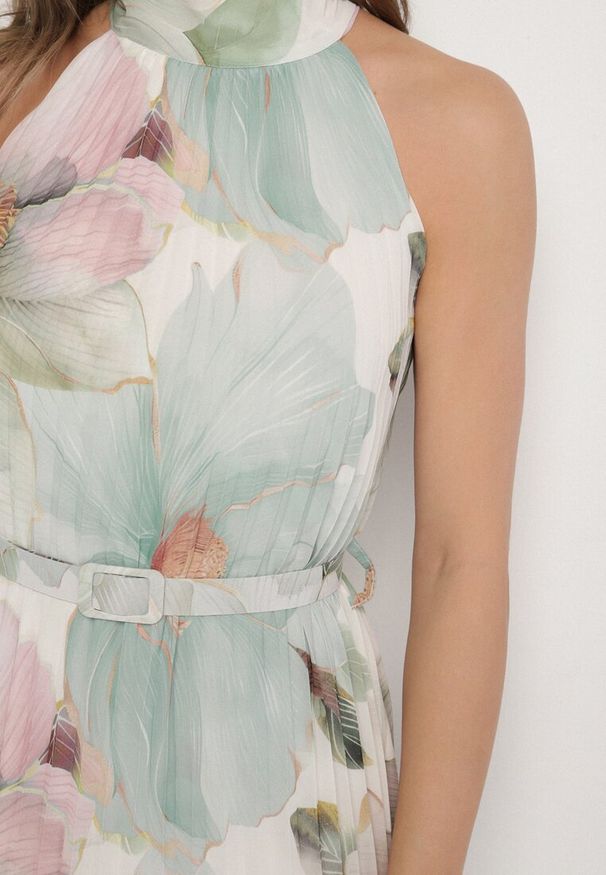 Born2be - Zielona Sukienka z Plisami Wiązaniem i Paskiem z Klamrą Nitenna. Okazja: na co dzień, na imprezę. Kolor: zielony. Długość rękawa: bez rękawów. Typ sukienki: rozkloszowane. Styl: casual, elegancki, klasyczny