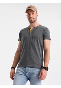 Ombre Clothing - T-shirt męski z okrągłym rozpinanym dekoltem henley – grafitowy V6. Okazja: na co dzień. Typ kołnierza: typu henley. Kolor: szary. Materiał: poliester, bawełna. Styl: casual #6
