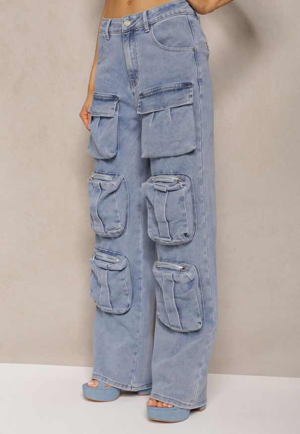 Renee - Niebieskie Spodnie High Waist z Prostymi Nogawkami i Ozdobnymi Kieszeniami Quliana. Okazja: na co dzień. Stan: podwyższony. Kolor: niebieski. Styl: casual, elegancki