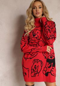 Renee - Czerwona Sukienka Sweter z Golfem i Nadrukiem Etelka. Typ kołnierza: golf. Kolor: czerwony. Wzór: nadruk. Styl: elegancki #4