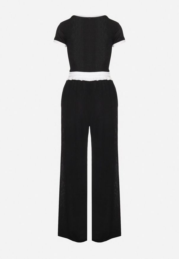 Born2be - Czarny Prążkowany Komplet T-shirt z Krótkim Rękawem Szerokie Spodnie ze Ściągaczem Vimaleen. Kolor: czarny. Materiał: prążkowany