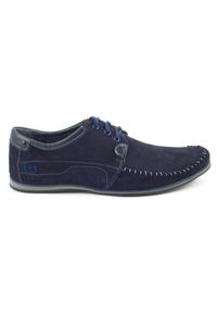 KOMODO Buty Męskie mokasyny 875 granatowe niebieskie. Zapięcie: sznurówki. Kolor: niebieski. Materiał: skóra, jeans. Wzór: gładki. Sezon: lato. Styl: elegancki