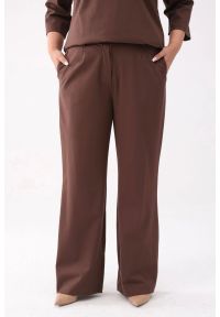 Moda Size Plus Iwanek - Eleganckie brązowe spodnie Soft Comfort z kieszeniami PLUS SIZE XXL. Okazja: na spotkanie biznesowe, na co dzień. Kolekcja: plus size. Kolor: brązowy. Materiał: tkanina, wiskoza, nylon. Długość: krótkie. Styl: elegancki