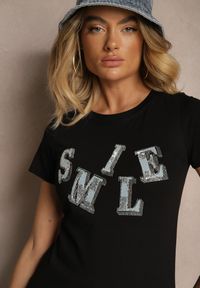 Renee - Czarny T-shirt z Bawełny z Napisem Smile Ozdobiony Cyrkoniami Olirella. Okazja: na spacer. Kolor: czarny. Materiał: bawełna. Wzór: aplikacja, napisy. Sezon: lato, wiosna. Styl: elegancki #3