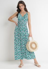 Born2be - Zielona Sukienka Maxi na Regulowanych Ramiączkach z Cienkimi Gumkami w Pasie Abgale. Okazja: na co dzień. Kolor: zielony. Długość rękawa: na ramiączkach. Wzór: kwiaty. Typ sukienki: proste. Styl: casual. Długość: maxi #4