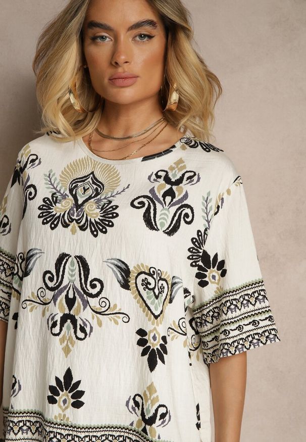 Renee - Czarno-Beżowy Wiskozowy Komplet w Orientalny Print Szerokie Spodnie i T-shirt Pollialia. Kolor: czarny. Materiał: wiskoza. Wzór: nadruk