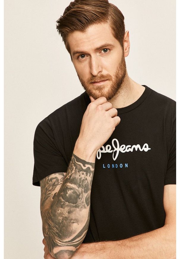 Pepe Jeans - T-shirt Eggo. Kolor: czarny. Materiał: dzianina. Wzór: nadruk