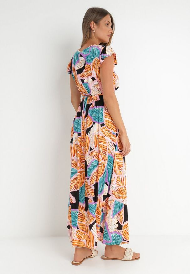 Born2be - Pomarańczowa Sukienka Donky. Typ kołnierza: kołnierz z falbankami. Kolor: pomarańczowy. Materiał: materiał. Długość rękawa: bez rękawów. Wzór: nadruk. Typ sukienki: kopertowe. Długość: maxi