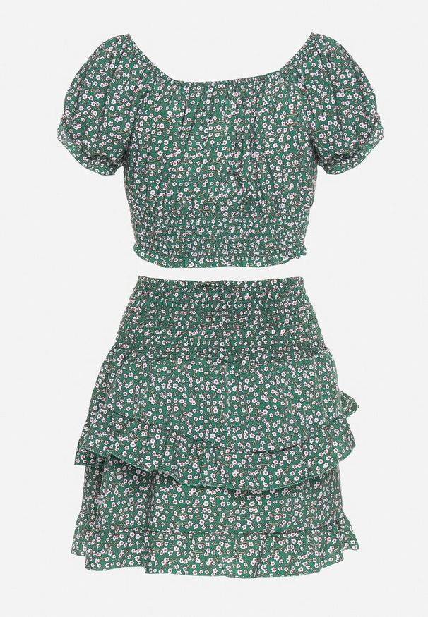 Born2be - Zielony 2-Częściowy Komplet w Kwiaty Top z Hiszpańskim Dekoltem i Spódnica z Falbanką Fritia. Kolor: zielony. Materiał: materiał. Wzór: kwiaty