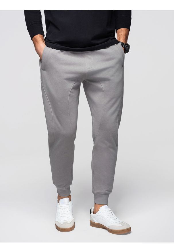 Ombre Clothing - Męskie spodnie dresowe ze ściągaczem przy nogawce BASIC jogger - szare V8 - Rozmiar: XL. Okazja: na spacer, na co dzień, do domu. Kolor: szary. Materiał: dresówka. Wzór: jednolity, gładki, aplikacja. Styl: casual