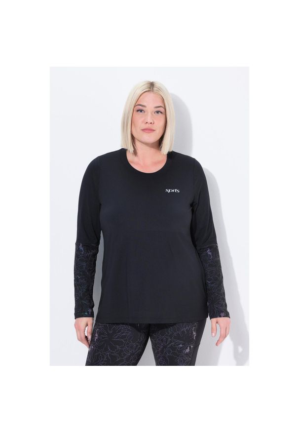 ULLA POPKEN - Damskie Bluzka funkcyjna klasyczny krój okrągły dekolt długi rękaw. Kolekcja: plus size. Kolor: czarny. Materiał: poliester, materiał, elastan. Długość rękawa: długi rękaw. Długość: długie. Styl: klasyczny