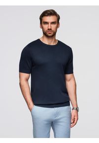 Ombre Clothing - Męska klasyczna dzianinowa koszulka ze ściągaczami– granatowa V1 - Rozmiar: L. Kolor: czarny. Materiał: dzianina. Wzór: gładki, ze splotem. Styl: klasyczny #7