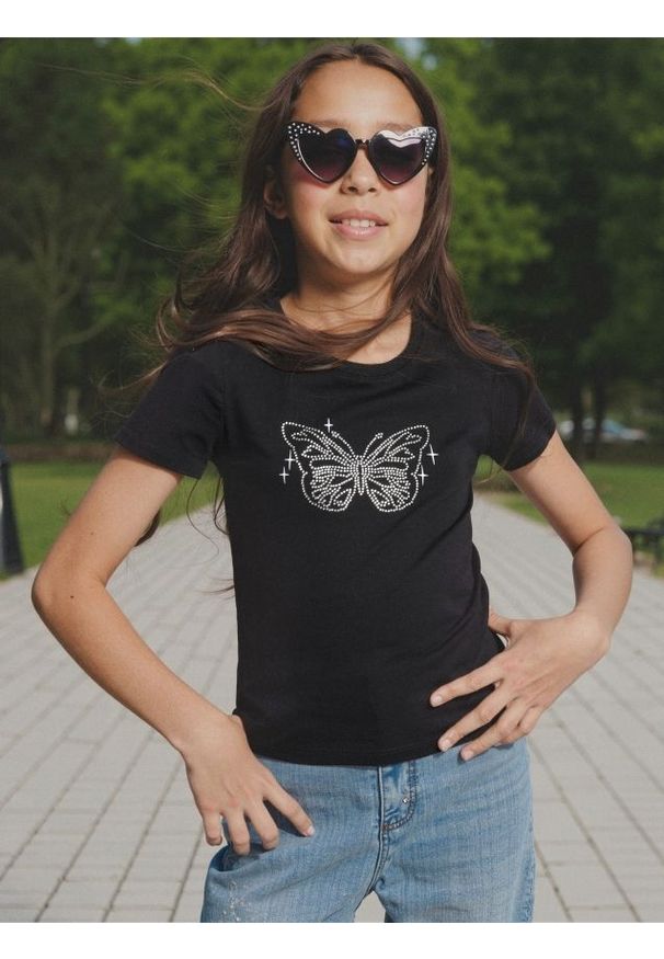 Sinsay - Bawełniana koszulka z błyszczącą aplikacją - czarny. Kolor: czarny. Materiał: bawełna. Wzór: aplikacja