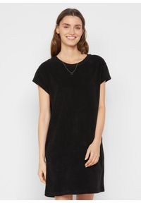 bonprix - Sukienka t-shirtowa z frottee. Kolor: czarny. Długość rękawa: krótki rękaw