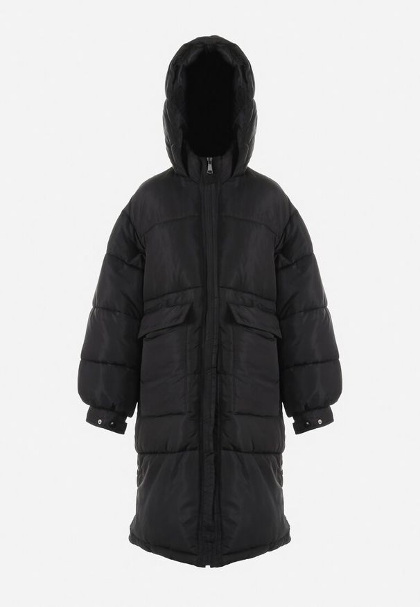Born2be - Czarna Kurtka Oversize do Kolana z Kapturem Mollo. Okazja: na co dzień. Typ kołnierza: kaptur. Kolor: czarny. Materiał: dzianina, jeans. Styl: elegancki, casual