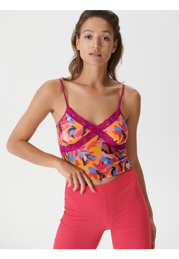 Sinsay - Crop top w kwiaty - wielobarwny. Materiał: materiał, koronka. Wzór: kwiaty