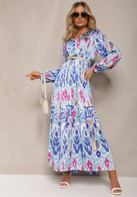 Renee - Niebieska Rozkloszowana Sukienka z Elastyczną Gumką w Talii w Stylu Boho Mizza. Kolor: niebieski. Materiał: tkanina. Styl: boho