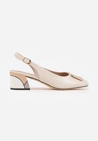 Renee - Beżowe Czółenka VICES na Slupku Slingback z Geometrycznym Wzorem i Aplikacją Savalise. Zapięcie: sprzączka. Kolor: beżowy. Materiał: satyna. Wzór: geometria, aplikacja. Obcas: na słupku #6