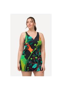 ULLA POPKEN - Damska Sukienka Kąpielowa liście wyjmowane miękkie miseczki z recyklingu. Kolekcja: plus size. Kolor: czarny. Materiał: elastan, poliamid, materiał