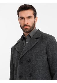 Ombre Clothing - Krótki dwurzędowy męski płaszcz z wełną – grafitowy V1. Okazja: na co dzień. Kolor: szary. Materiał: wełna. Długość: krótkie. Wzór: ze splotem, paski. Sezon: zima. Styl: casual, elegancki #8