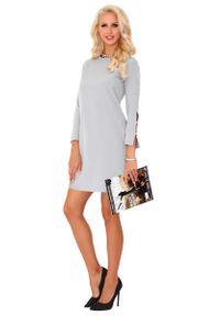 Merribel - Szara Prosta Sukienka z Ozdobnym Rękawem. Kolor: szary. Materiał: poliester. Typ sukienki: proste #1
