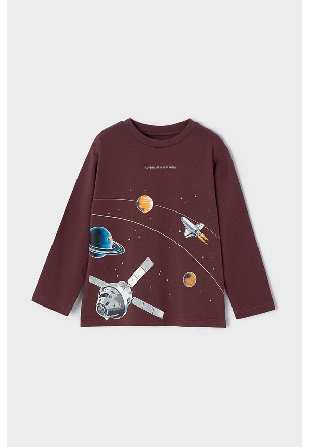 Mayoral longsleeve bawełniany dziecięcy kolor bordowy z nadrukiem. Okazja: na co dzień. Kolor: czerwony. Materiał: bawełna. Długość rękawa: długi rękaw. Wzór: nadruk. Styl: casual