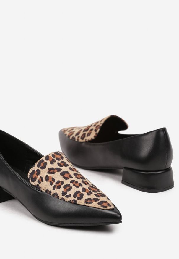 Born2be - Czarne Panterkowe Półbuty w Stylu Loafersów z Noskiem w Szpic na Niskim Obcasie Taanas. Okazja: na spacer. Kolor: czarny. Materiał: jeans. Obcas: na obcasie. Wysokość obcasa: niski