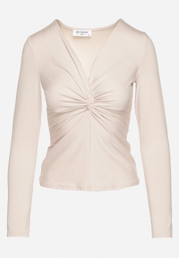 Born2be - Beżowa Bluzka z Wiskozą i Ozdobnym Marszczeniem Neldexia. Okazja: na co dzień. Kolor: beżowy. Materiał: wiskoza. Styl: elegancki, casual
