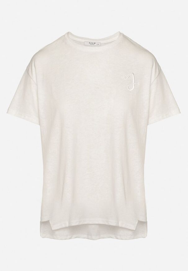 Born2be - Biały T-shirt z Asymetrycznym Tyłem i Ozdobnym Haftem Ninissara. Okazja: na spacer. Kolor: biały. Materiał: jeans. Wzór: haft. Styl: elegancki, klasyczny
