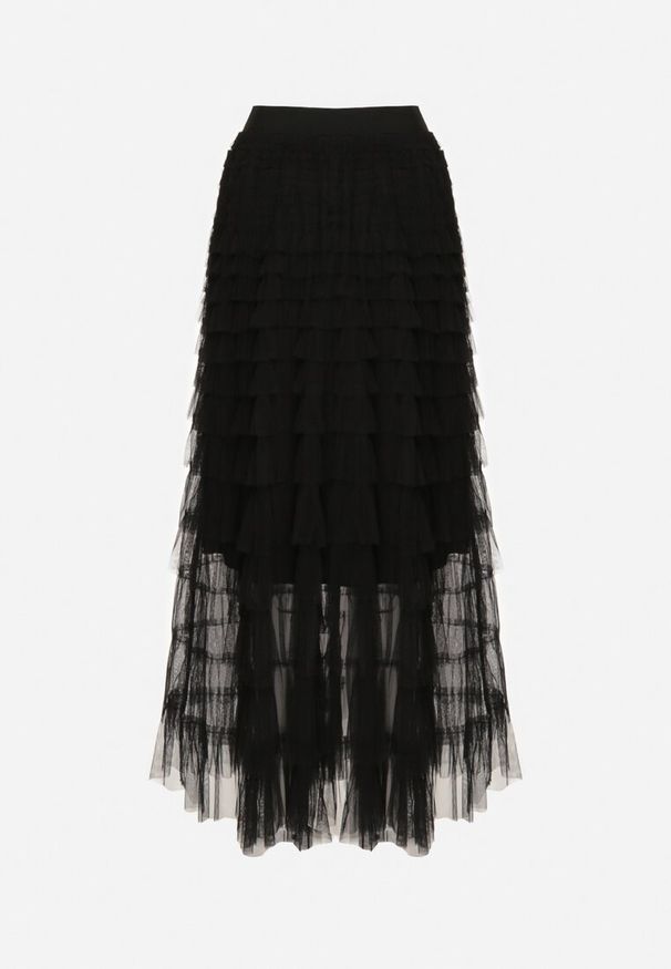 Born2be - Czarna Spódnica Maxi z Bawełny Ozdobiona Falbankami Smotia. Kolor: czarny. Materiał: bawełna. Wzór: aplikacja