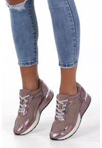 Sergio Leone - Beżowe buty sportowe sneakersy sznurowane z dżetami sergio leone sp005. Kolor: wielokolorowy, beżowy, różowy