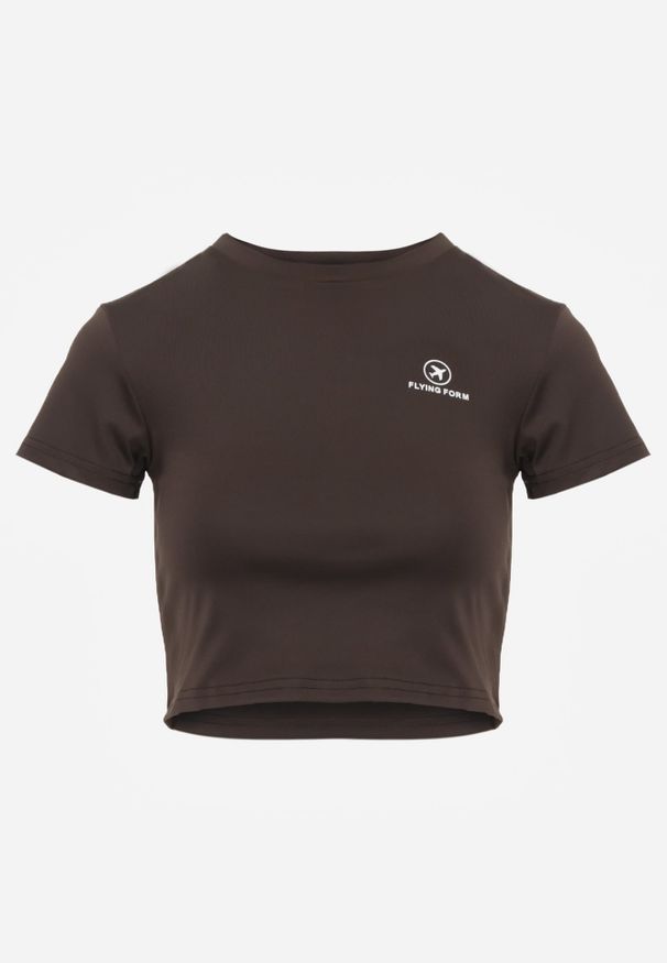 Renee - Brązowy Basicowy T-shirt w Stylu Cropped z Subtelnym Nadrukiem Loraera. Okazja: na co dzień. Kolor: brązowy. Materiał: jeans. Długość: krótkie. Wzór: nadruk. Styl: elegancki, casual, sportowy