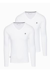 Ombre Clothing - Komplet męskich longsleeve'ów SLIM FIT z dekoltem typu V i logotypem 2-pak – 2x biały V4 - Rozmiar: XL. Okazja: na co dzień. Kolor: biały. Materiał: elastan, bawełna. Długość rękawa: długi rękaw. Styl: casual