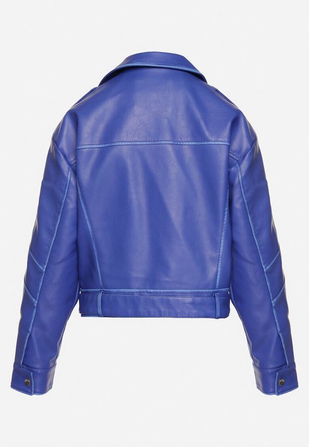 Born2be - Granatowa Kurtka Ramoneska Vintage z Imitacji Skóry z Asymetrycznym Suwakiem i Patkami Kimina. Okazja: na co dzień. Kolor: niebieski. Materiał: skóra. Styl: vintage