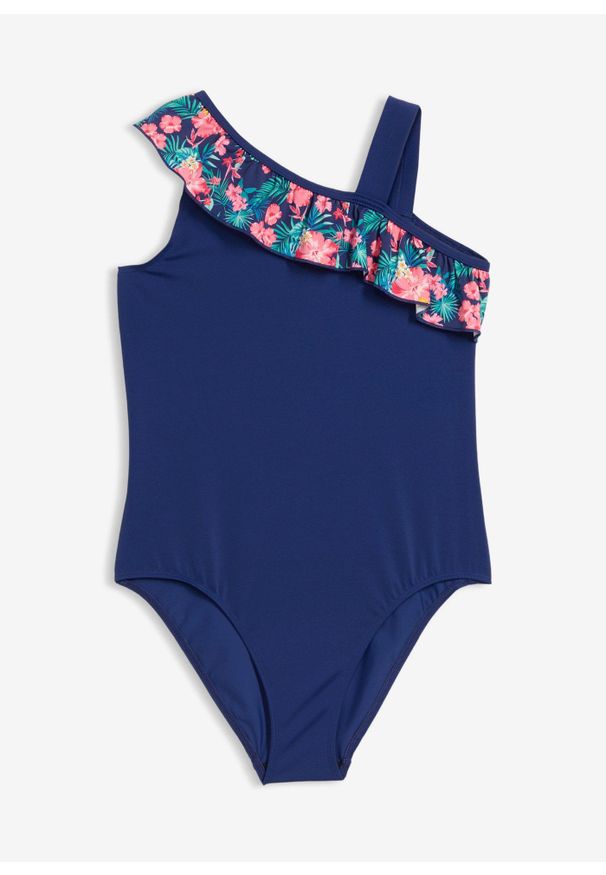 bonprix - Kostium kąpielowy z asymetrycznymi ramiączkami i falbanką. Kolor: niebieski. Wzór: nadruk