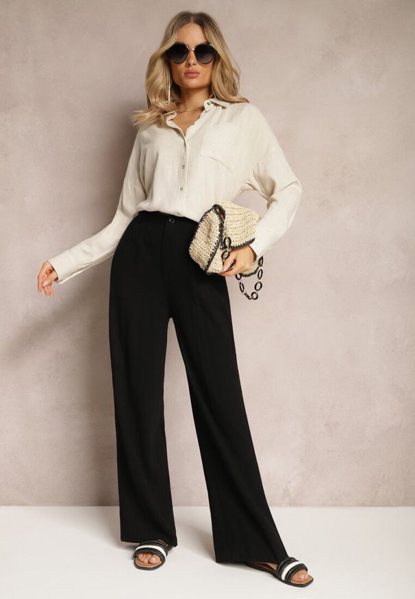 Renee - Czarne Szerokie Spodnie High Waist z Lnu i Wiskozy Apoises. Okazja: na co dzień. Stan: podwyższony. Kolor: czarny. Materiał: wiskoza, len. Długość: długie. Sezon: lato. Styl: casual, elegancki